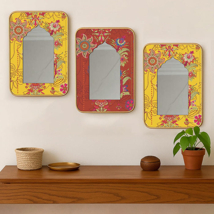 Decorative Jharokha Acrylic Mirror Set of 3 Blue Yellow and Green Floral Pattern Printed Gold Metal Finish Décor Mirror (8.2x12.2 Inches)