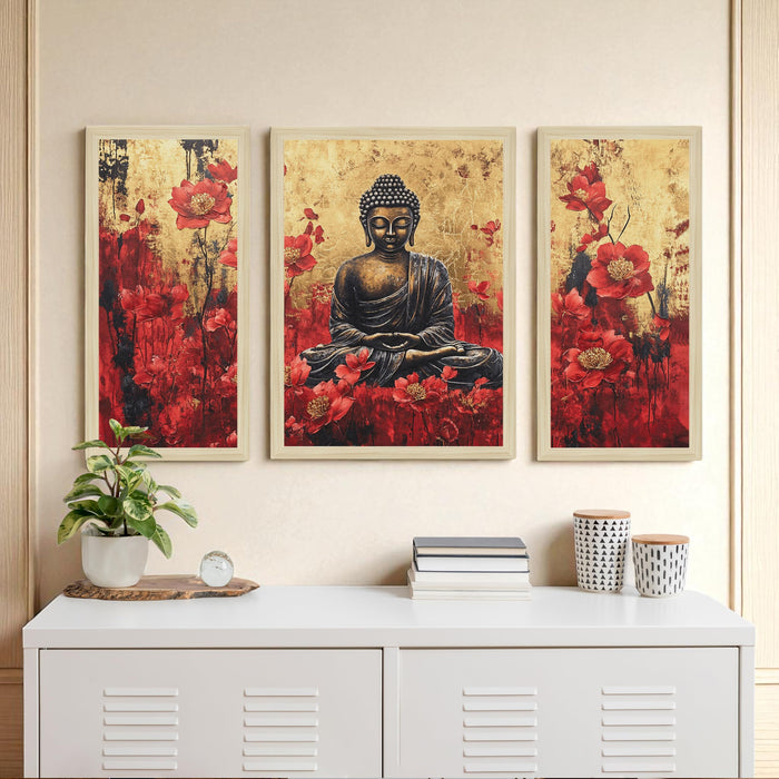 Buddha Floral Abstract Framed Wall Art Painting Home Décor Pack Of 3 | Digital Scenery Painting with Frame, Office Set Of 3, 22x46 cm, 33x44 cm