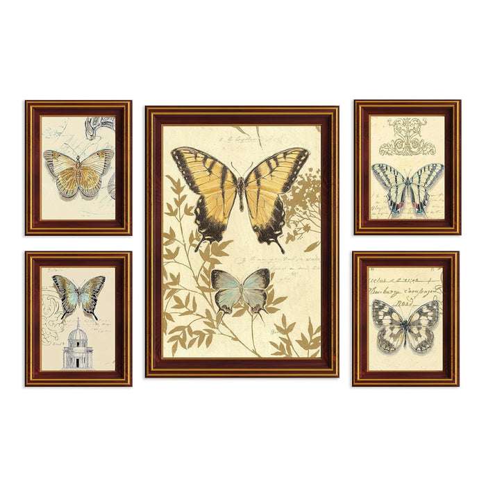 Art Street Beautiful Abstract Butterfly Framed Art Print For Living Room, Decorative Home & Wall Decor - Set Of 5 (Brown, 4 Pcs-5x7 Inch, & 12x16 Inch)
