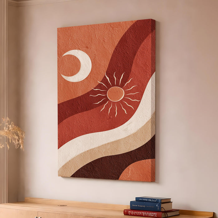Boho Moon and Sun Stretched Canvas Painting For Living Room | Abstract Desert Stretched Canvas Wall Art For Livingroom Home Decor, Bedroom, Hallway's, Office, Hotel - 56x86 cm