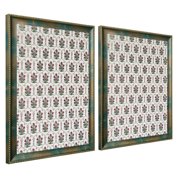 Pack of 2 Indian Pichwai Madhubani Green Framed Art-Print Wall Art Set Antique Nature Traditional Wall Décor Glitter Gold Foil Art Prints For Living Room, Bedroom, Office 35x45 cm