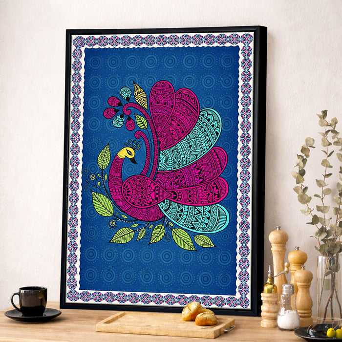 Gond Peacock Framed Canvas Painting for Living Room Wall Decor, Vastu Kalamkari Peacock Floral Framed Canvas Wall Art for Vastu Place Bedroom Home Hallways Office Hotel, Size 43x58 cm