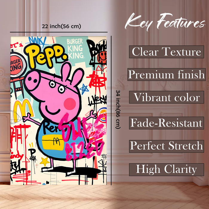 PAINTINGMANTRA Cartoon Pig Graffiti Stretched Canvas Painting Print | Pop Art Street Style Wall Décor | Modern Abstract Canvas Art for Home & Office, 56x86 cm