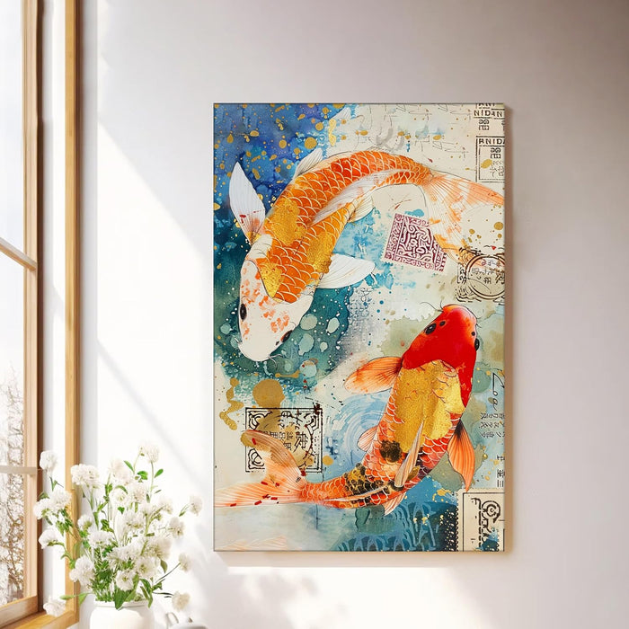 Abstract Traditional Koi Fish Multicolor Painting on Stretched Canvas – Frameless Unframed Gallery Wrap Canvas Wall Art 22x34 Inch