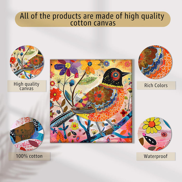 Colorful Birds & Flowers Vibrant Botanical Pattern Wall Art Painting Set of 4 | Digital Print (12 x12Inches)