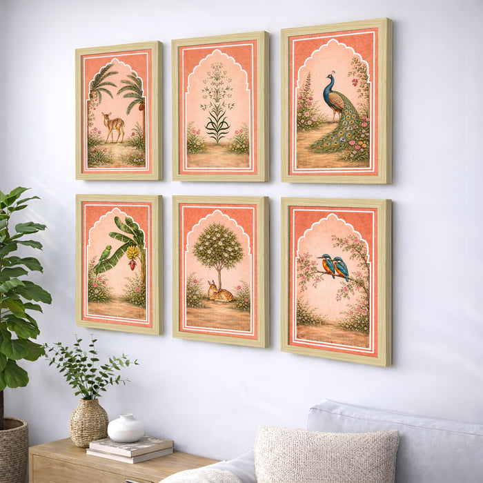 Mughal Miniature Painting With Frame for living room, Royal Flower garden Framed Wall Art Painting for Home Decor Set of 6, Size 9.5 by 12.5 Inch