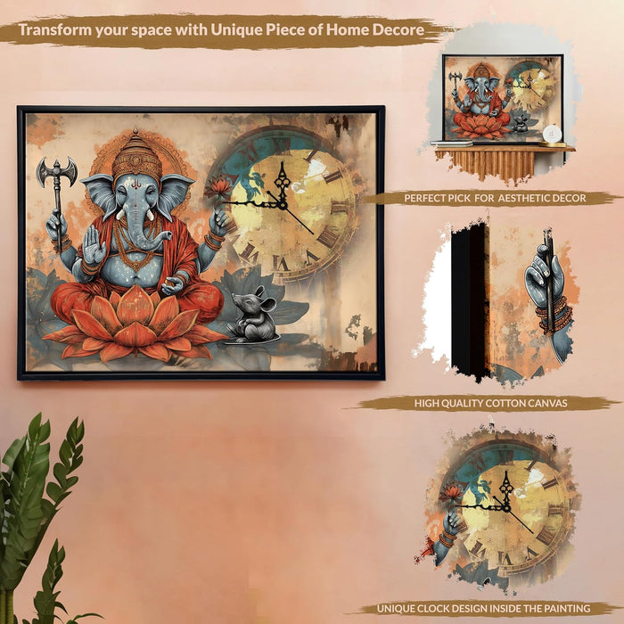 Hindu Religious Portrait Abstract Divine Multicolor Framed Canvas wall art With Clock | Painting with clock. 43x58 cm