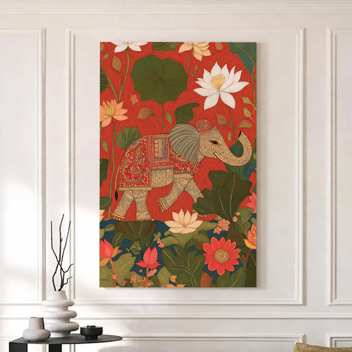Indian Lotus Elephant Stretched Canvas Painting For Living Room | Madhubani Wildlife Stretched Canvas Wall Art For Livingroom Home Decor, Bedroom, Hallway's, Office, Hotel - 56x86 cm