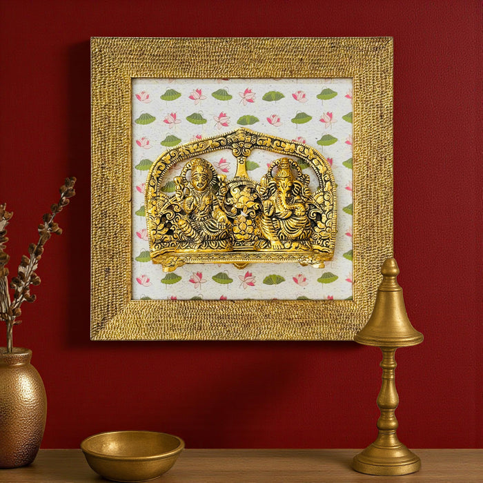 Art Street Wall Decorative Framed Metal Idols Ganesha Lakshmi Saraswati Frame Metal God Idol Wall Hanging Home Décor Framed God Idols Brass Finish Religious Frame for Home Pooja Room Office 26x26 cm