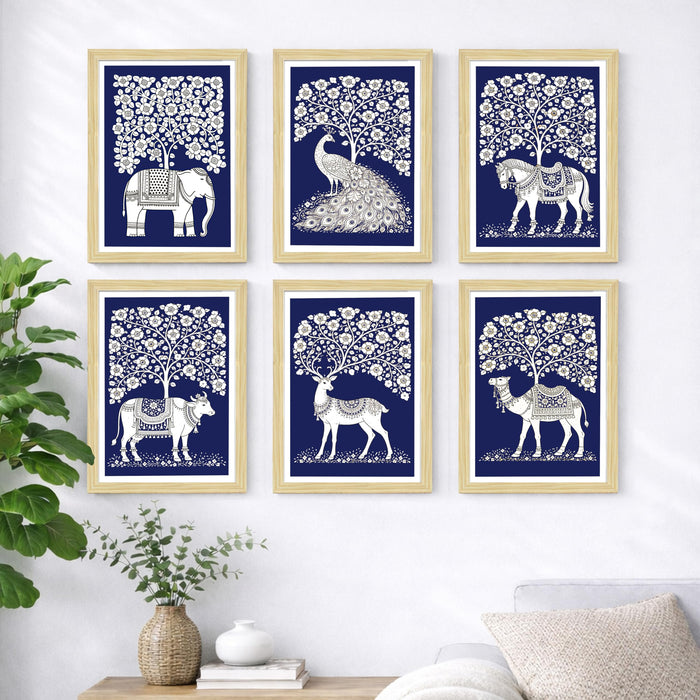 Traditional Indian Folk Painting With Frame for living room, Tree of Life Animal Framed Wall Art Painting for Home Decor Set of 6, Size 9.5 by 12.5 Inch