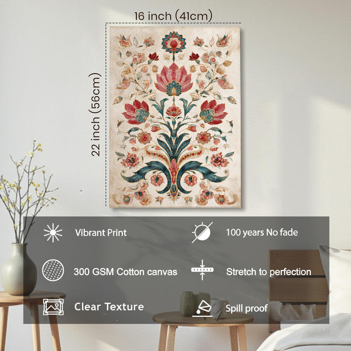 Mughal Flower Motif Miniature Wall Painting | Stretched Canvas Flower Wall Painting for Living Room, Bedroom, Home and Office Wall Décor (41x56 cm)