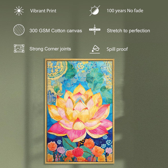 Modern Abstract Multicolor Lotus Flower Art Stretched Canvas Painting with Frame – Canvas Wall Art – 23x35 Inch Framed Canvas