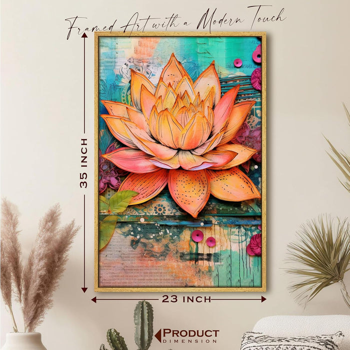 Abstract Multicolor Digital Art of Lotus Flower Stretched Canvas Painting with Frame – Wall Art – Framed Canvas Wall Décor (23x35 Inch)