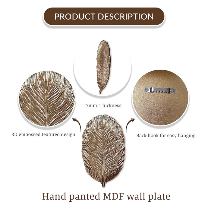 Art Street Golden Palm Leaves Tray MDF Wall Plate For Living Room, Decorative Wall Hanging Carved Decal for Home Décor (Set of 3, 7x11.5 Inch)