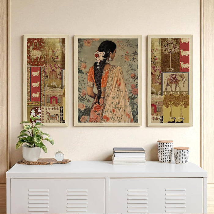 Botanicals Pichwai Framed Wall Art Painting Home Décor Pack Of 3 | Digital Scenery Painting with Frame, Set Of 3 22x46 cm, 33x44 cm