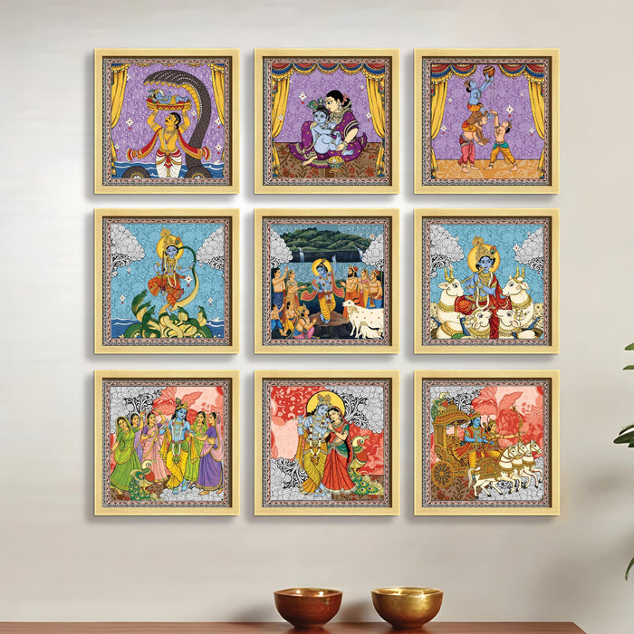 Krishna Wall Sculpture Paintings for Home decoration | Pichwai Madhubani Wall painting for living room | Krishna Leela Wall Décor | Wall art | Home Décor Gift Items | Set of 9, (9x9 Inch)