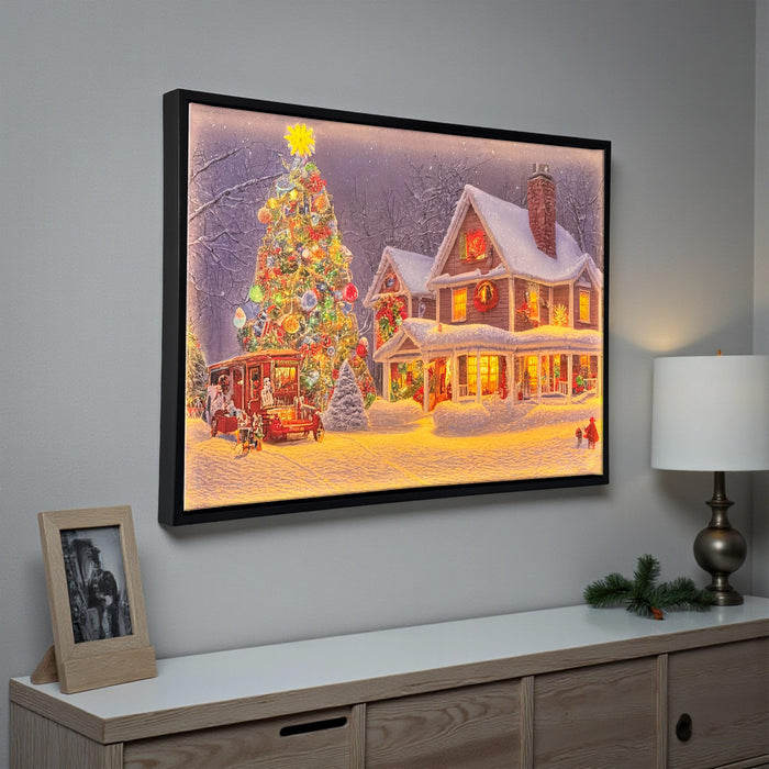 LED Christmas Wall Painting Lighted Holiday Christmas Tree Decorated Home Painting with Warm Glow for Living Room, Bedroom Festive Home Decoration (23x17 Inch)