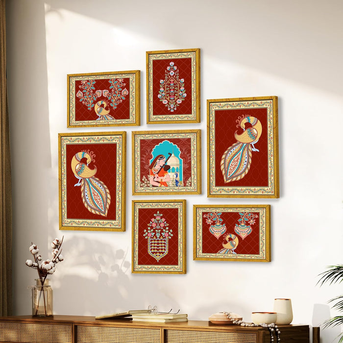 Art Street Set of 8 Indian Folk Wall Art Royal Prince with Queen Palace Painting For Home (Size: 9.3x12.7 & 12.7x17.5 Inch)