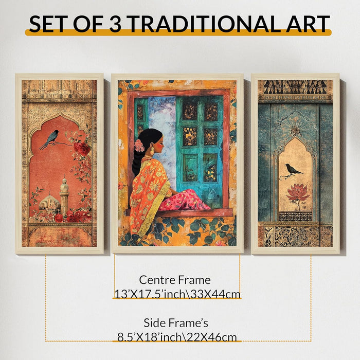 Botanicals Pichwai Framed Wall Art Painting Home Décor Pack Of 3 | Digital Scenery Painting with Frame, Set Of 3 22x46 cm, 33x44 cm