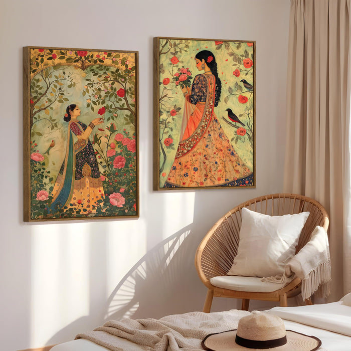 Mughal Women in Flower Garden Canvas Indian Large Wall Art Painting for Living Room Decoration, Stylish Large Wall Art Print for Wall Decor (Set of 2, 58x89 cm)