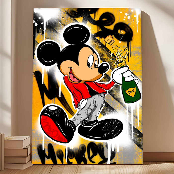 Cartoon Mouse Champagne Stretched Canvas Painting Print| Graffiti Style Pop Art Wall Décor | Modern Street Art Canvas for Home & Office, 56x86 cm