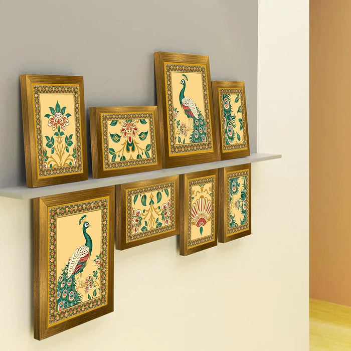 Art Street Set of 8 Indian Wall Art Print Peacock with Flower Framed Vintage Poster for Home (Size: 9.3x12.7 & 12.7x17.5 Inch)