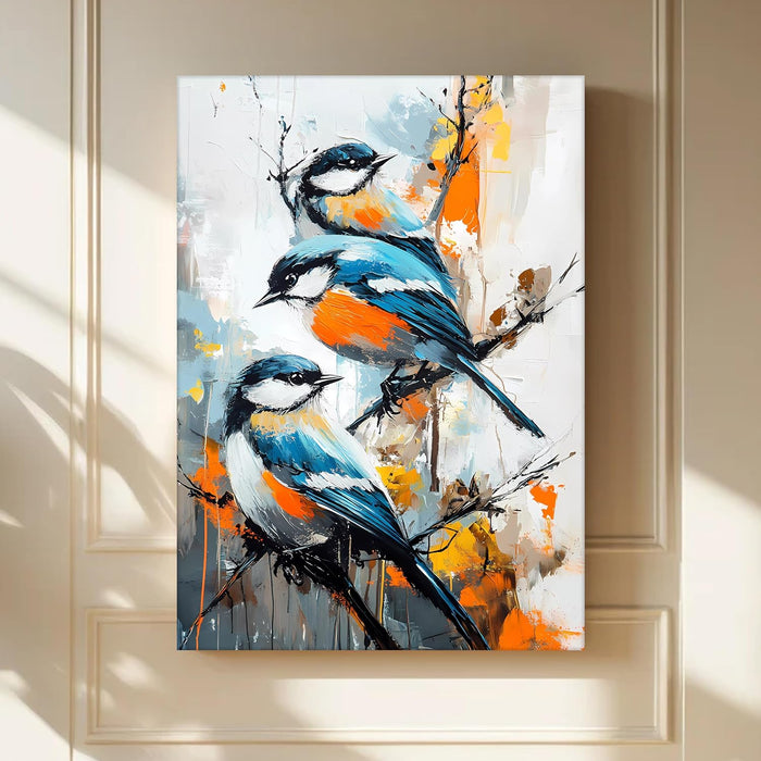 Landscape Abstract Canvas Wall Art Painting Birds Standing on Branch Multicolor | Digital Painting on Canvas Stretched on Wood (22x34 Inch)