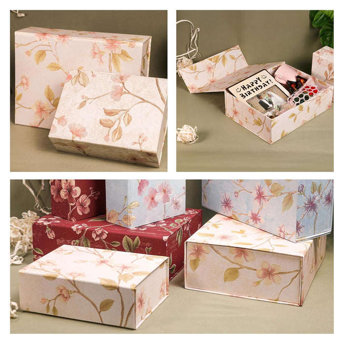 Foldable Cardboard Flowers Printed Hamper Gift Box Set of 2, Multipurpose Gift Hamper Box For Special Occasions, Wedding Gift Packaging (White)