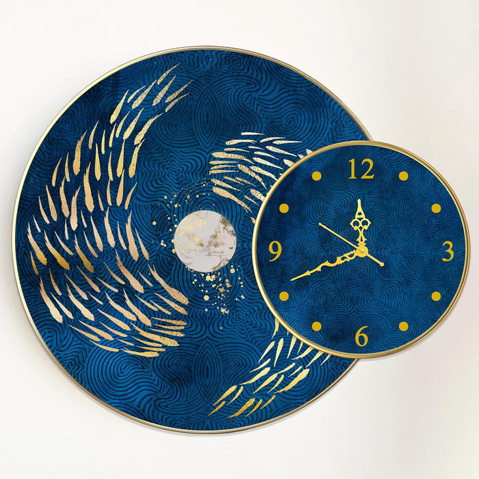 Nordic Moon Fish Round Wall Painting with Clock for Home, Clock with Painting Circular Gold Metal Finish Stylish Large Wall Art Print (28x22 Inches)