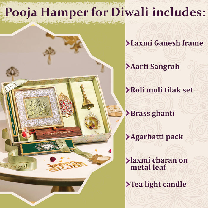 Art Street Pooja Gift Box with Nav Durga Frame, Laxmi Charan, Aarti Sangrah, Ghanti, Agarbatti and Candle for Celebration and Gift for Family, Friends and Relatives (Pack of 7)