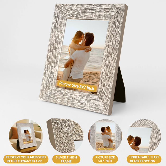 Art Street Table and Wall Photo Frame Textured Picture Frames Picture Frame, Silver Metal Look for 5x7 Photos Tabletop Photos for Home Décor, Wood Photo Frames for Wall and Table Decoration 10x15 cm