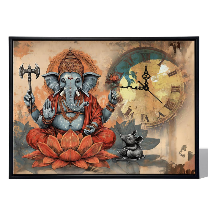Hindu Religious Portrait Abstract Divine Multicolor Framed Canvas wall art With Clock | Painting with clock. 43x58 cm