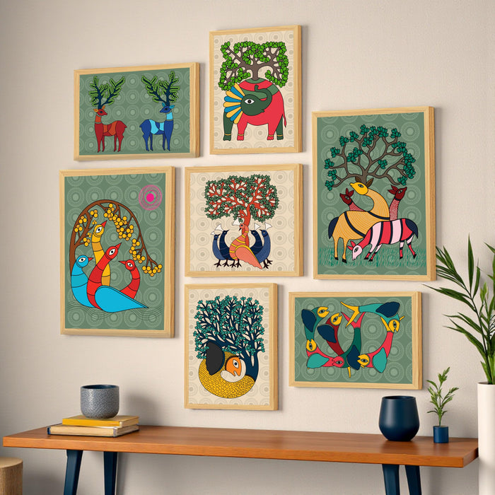 Framed GOND Tribal wall painting Set of 7 Indian Wall Art Print Elephant Deer and Peacock with Flower for Home and and Office Decor (Size: 9.3x12.7, 13x13 & 12.7x17.5 Inch)