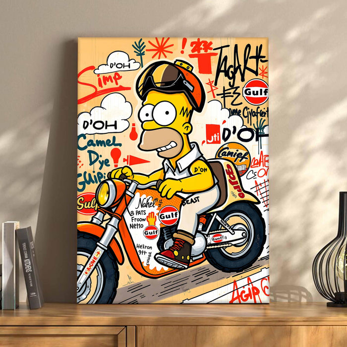 Cartoon Biker Graffiti Stretched Canvas Painting Print | Street Pop Art Wall Décor | Modern Motorcycle Illustration for Home & Office, 41x56 cm