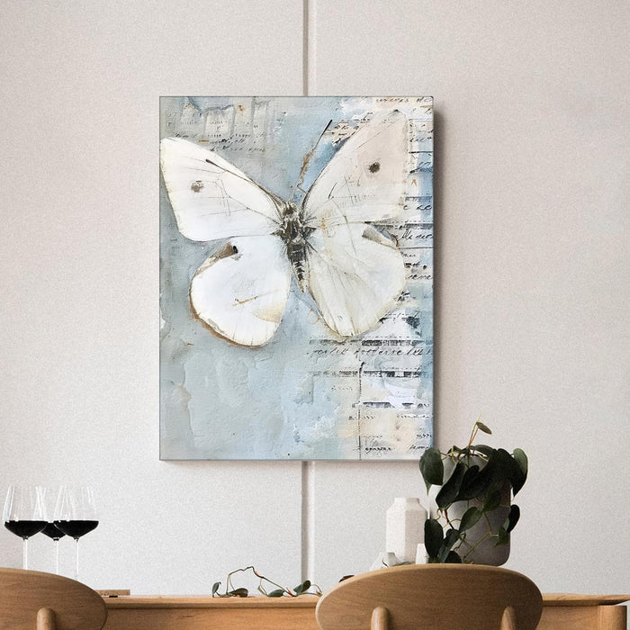 Distressed Aesthetics Art of Butterfly in Sky and White | Digital Painting On Canvas Stretched on Wood (16x22 Inch)