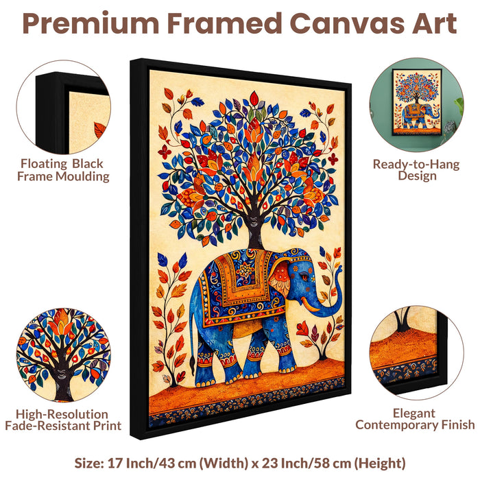 Madhubani Elephant Framed Canvas Painting for Living Room Wall Decor, Tree of Life Indian Traditional Vastu Framed Canvas Wall Art for Vastu Place Bedroom Home Hallways Office Hotel, Size 43x58 cm