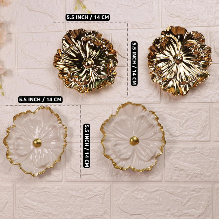 Pack of 4 Golden and White Floral Shape Ceramic Wall Decor Plates Handmade Round Floral Wall Hanging Decorative Items – 14x14 cm