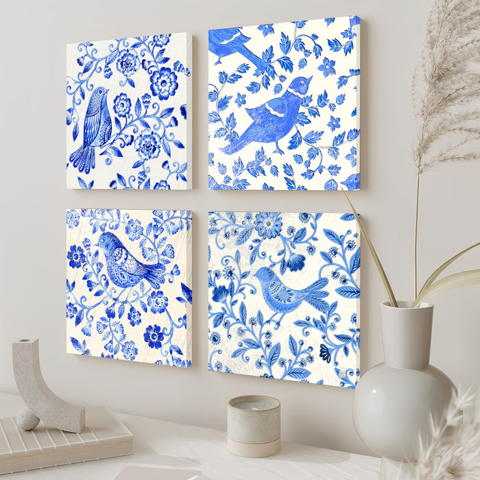 Set of 4 Stretched Canvas Painting Blue Flowers and Birds Moroccan Pattern Art.