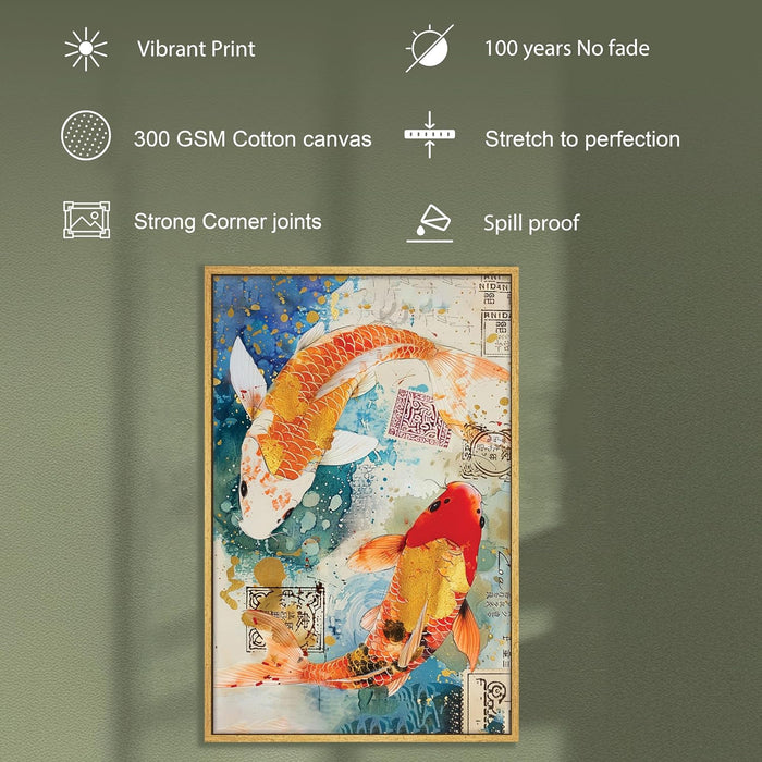 Abstract Traditional Koi Fish Multicolor Painting on Stretched Canvas – Frameless Unframed Gallery Wrap Canvas Wall Art 22x34 Inch