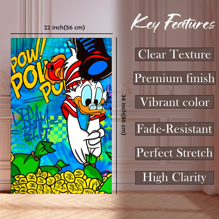 Pop Art Cartoon Duck Money Wall Painting | Comic Graffiti Style Stretched Canvas Art Print| Modern Street Wall Art for Home & Office, 56x86 cm