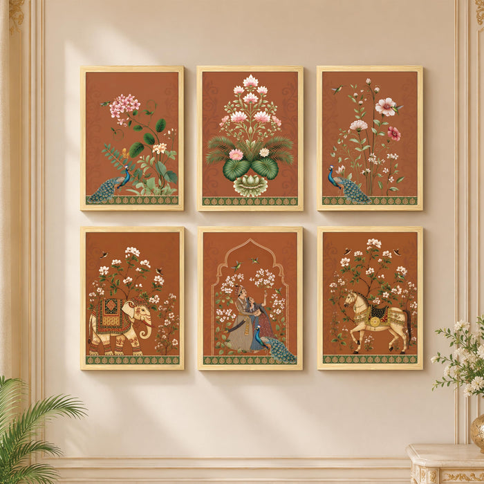 Mughal Rajasthani Folk Wall Art Painting, Traditional Royal Elephant, Horse & Peacock Theme Wooden Framed Wall Art Print for Living Room, Bedroom & Home Decor (Set of 6, 13x9 inch)