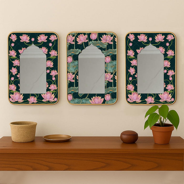 Decorative Jharokha Acrylic Mirror Set of 3 Lotus Flowers Printed Gold Metal Finish Décor Mirror (8.2x12.2 Inches)