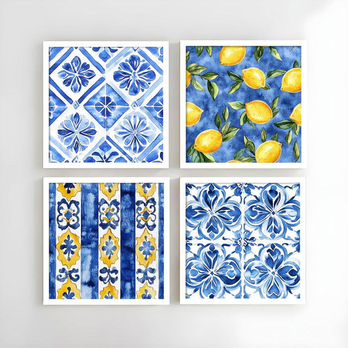 PAINTINGMANTRA Blue Tile Pattern Wall Art Set of 4, Mediterranean Lemon & Floral Canvas Prints with Wooden Frame, Decorative Wall Decor for Living Room, Bedroom & Home, (13.2x 13.2 inch)