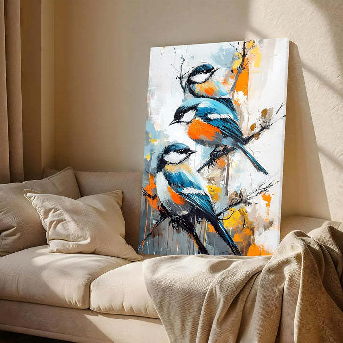 Landscape Abstract Canvas Wall Art Painting Birds Standing on Branch Multicolor | Digital Painting on Canvas Stretched on Wood (22x34 Inch)