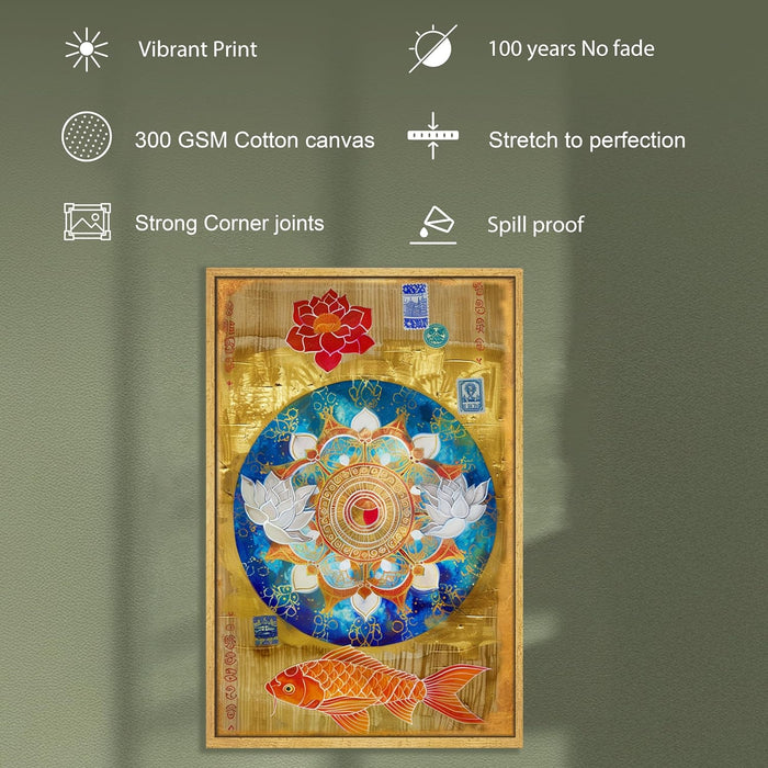 Abstract Mandala Art of Lotus and Koi Fish Multicolor Wall Art on Stretched Canvas – Frameless Unframed Gallery Wrap Canvas Wall Art 22x34 Inch