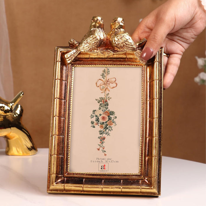 Vintage 4x6 Inch Photo Frame Golden Brown – European Style Resin Picture Frame with Birds Design, Tabletop Display, Antique Look, 10x15 cm