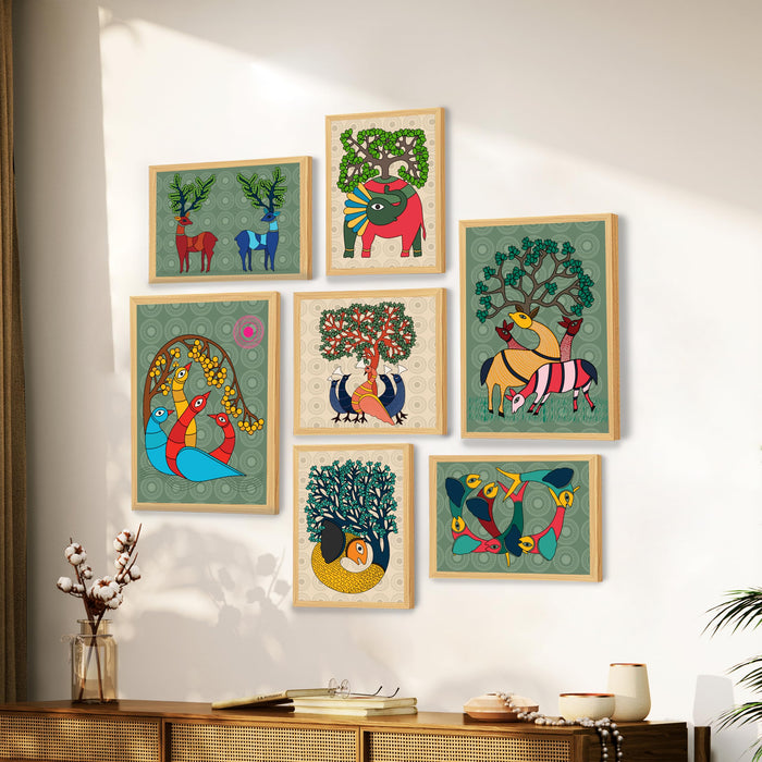 Framed GOND Tribal wall painting Set of 7 Indian Wall Art Print Elephant Deer and Peacock with Flower for Home and and Office Decor (Size: 9.3x12.7, 13x13 & 12.7x17.5 Inch)