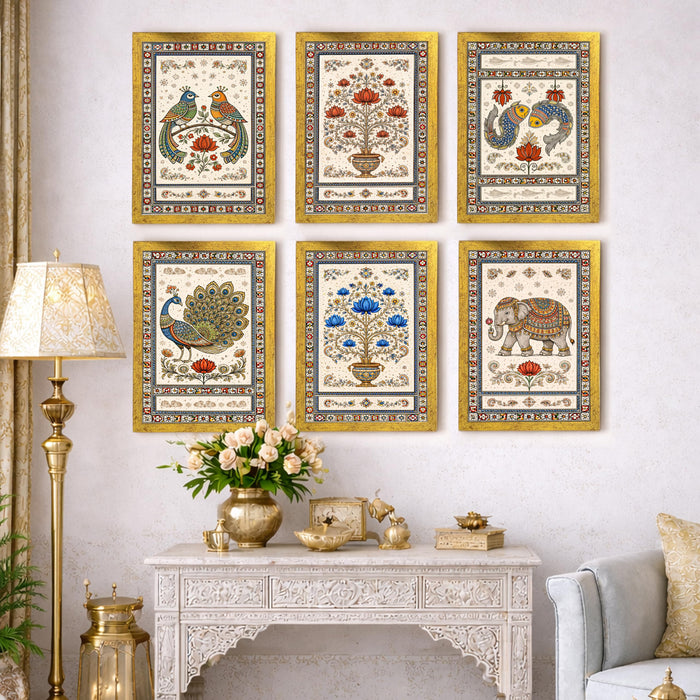 Madhubani Painting With Frame for living room, Traditional Rajasthani Style Framed Wall Art Painting for Home Decor Set of 6, Size 9.5 by 12.5 Inch