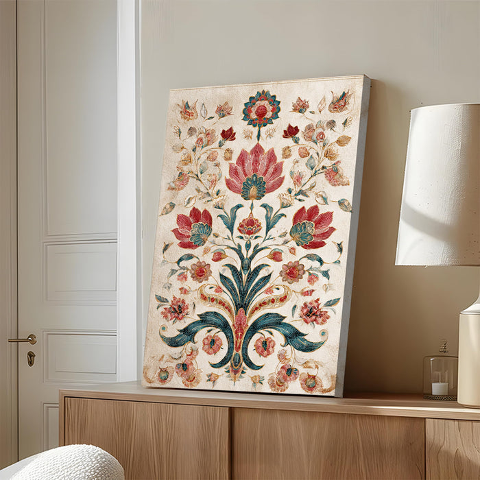 Mughal Flower Motif Miniature Wall Painting | Stretched Canvas Flower Wall Painting for Living Room, Bedroom, Home and Office Wall Décor (41x56 cm)