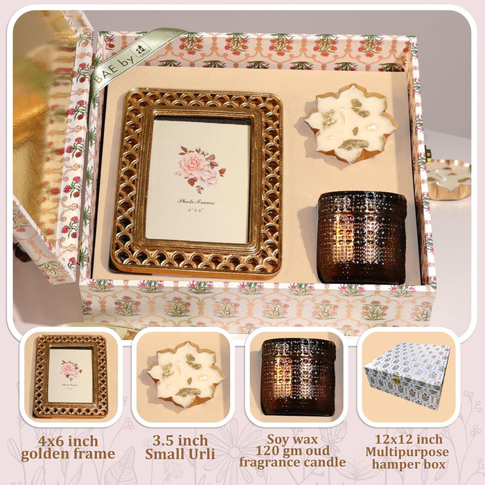 Diwali Gift Hamper with Vintage Photo Frame Oudh Scent Candle and Urli Diya, Friends and Relatives (Pack of 3)